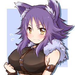 Rule 34 | &gt;:(, 1girl, angry, animal ear fluff, animal ears, bare shoulders, belt, blue background, blush, breasts, large breasts, makoto (princess connect!), outside border, princess connect!, purple hair, rutakun, sidelocks, simple background, solo, upper body, v-shaped eyebrows, wolf ears, yellow eyes