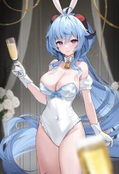 Rule 34 | 1girl, absurdres, ahoge, alcohol, animal ears, bare shoulders, bell, blue hair, blush, bow, bowtie, breasts, cup, detached sleeves, frills, ganyu (genshin impact), genshin impact, gloves, goat horns, highres, holding, holding cup, horns, hyoin, large breasts, leotard, long hair, looking at viewer, neck bell, purple eyes, rabbit ears, sidelocks, smile, solo, white gloves, wine
