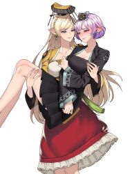 Rule 34 | 2girls, absurdres, blonde hair, breasts, carrying, carrying person, hanbok, highres, korean clothes, kuuky, large breasts, lucid (maplestory), maplestory, mercedes (maplestory), multiple girls, pointy ears, purple hair, skirt, white background