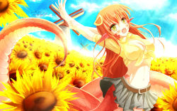 Rule 34 | 10s, 1girl, 2015, blush, breasts, cleavage, cloud, dai jijie, dated, day, dutch angle, fangs, field, flower, flower field, front-tie top, hair ornament, hairclip, lamia, long hair, midriff, miia (monster musume), monster girl, monster musume no iru nichijou, navel, open mouth, outdoors, pointy ears, red hair, scales, shirt, skirt, sky, slit pupils, solo, sunflower, sunflower field, tied shirt, very long hair, windmill, yellow eyes