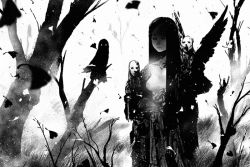 Rule 34 | 1girl, breasts, creature, creepy, dan kim, facebird, forest, glowing, glowing eyes, greyscale, horror (theme), long hair, monochrome, nature, original, small breasts, solo, topless, wings