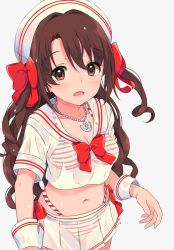 Rule 34 | 1girl, anchor necklace, bikini, bikini under clothes, blush, bow, breasts, brown eyes, brown hair, cleavage, cowboy shot, cuffs, hair intakes, hair ribbon, highleg, highleg bikini, idolmaster, idolmaster cinderella girls, jewelry, kirarin369, long hair, looking at viewer, miniskirt, necklace, open mouth, red ribbon, ribbon, see-through, shimamura uzuki, short sleeves, simple background, skirt, solo, striped bikini, striped clothes, swimsuit, translucent, two side up, white background