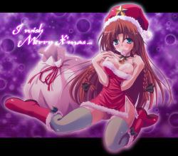 Rule 34 | 1girl, alternate costume, bell, neck bell, blue eyes, blush, boots, bow, braid, breasts, christmas, cleavage, collar, condom, condom in mouth, dress, female focus, hat, holly, hong meiling, long hair, medium breasts, mouth hold, nipple slip, nipples, red hair, santa boots, santa costume, santa hat, side slit, solo, star (symbol), strapless, strapless dress, thighhighs, touhou, twin braids, yamu (reverse noise), zettai ryouiki