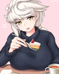 Rule 34 | 1girl, alternate costume, asymmetrical hair, black sweater, braid, breast rest, breasts, cake, commentary request, cup, cypress, food, fork, kantai collection, large breasts, long hair, looking at viewer, pink background, ribbed sweater, silver hair, simple background, single braid, solo, strawberry shortcake, sweater, unryuu (kancolle), very long hair, yellow eyes