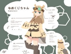 Rule 34 | 1girl, antennae, back, bad id, bad twitter id, black undershirt, brown capelet, brown dress, brown footwear, capelet, character name, character sheet, commentary request, dress, goggles, green eyes, highres, long sleeves, namekuz1paint, no lineart, no outlines, original, signature, simple background, slug, slug girl, solo, unamused