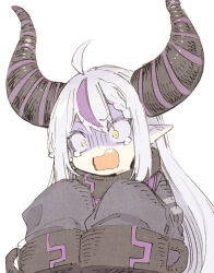 Rule 34 | 1girl, abara heiki, ahoge, collar, demon horns, hololive, horns, la+ darknesss, long hair, long sleeves, metal collar, multicolored hair, open mouth, pointy ears, purple hair, shaded face, simple background, sleeves past fingers, sleeves past wrists, solo, streaked hair, upper body, virtual youtuber, white background, white hair, yellow eyes