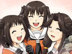 Rule 34 | 10s, 3girls, brown hair, double bun, closed eyes, gloves, hands on another&#039;s shoulders, jintsuu (kancolle), kantai collection, machinery, multiple girls, naka (kancolle), open mouth, personification, sendai (kancolle), supon, turret, twintails, two side up