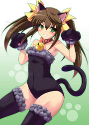 Rule 34 | 10s, 1girl, animal ears, animal hands, armpits, bare shoulders, bell, black thighhighs, blush, brown hair, cat ears, cat paws, cat tail, collar, green eyes, huang lingyin, infinite stratos, kittysuit, long hair, neck bell, nontraditional playboy bunny, smile, solo, tail, thighhighs, tsukishiro kou, twintails