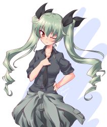 Rule 34 | 1girl, adjusting clothes, adjusting necktie, anchovy (girls und panzer), anzio military uniform, black necktie, black ribbon, black shirt, blush, clothes around waist, commentary, dated, dress shirt, drill hair, girls und panzer, green hair, grey jacket, grey pants, hair ribbon, hand on own hip, head tilt, highres, jacket, kuzuryuu kennosuke, long hair, long sleeves, looking at viewer, loose necktie, military, military uniform, necktie, one-hour drawing challenge, one eye closed, pants, red eyes, ribbon, shirt, simple background, sleeves rolled up, solo, standing, twin drills, twintails, twitter username, uniform, white background