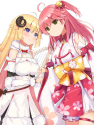 Rule 34 | 2girls, ahoge, blonde hair, blush, breasts, clenched hand, commentary request, detached sleeves, empty eyes, green eyes, harp, highres, hololive, horns, instrument, looking at another, mi taro333, multiple girls, nontraditional miko, open mouth, pink hair, purple eyes, rock paper scissors, sakura miko, sakura miko (1st costume), sheep horns, simple background, tears, tsunomaki watame, tsunomaki watame (1st costume), virtual youtuber, white background