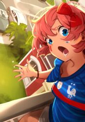 Rule 34 | 1girl, against railing, blue eyes, bow, car, commentary, doki doki literature club, english commentary, facepaint, fifa, france, hair bow, highres, imminent suicide, khyle., meme, motor vehicle, open mouth, parking lot, parody, pink hair, railing, red bow, sayori (doki doki literature club), short hair, soccer uniform, solo, sportswear