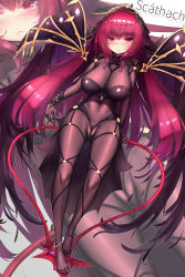 Rule 34 | 1girl, anklet, armor, between breasts, blush, bodysuit, bodysuit pull, breasts, cameltoe, character name, covered navel, dk.senie, fate/grand order, fate (series), feet, fingernails, full body, gluteal fold, highres, impossible bodysuit, impossible clothes, jewelry, large breasts, long hair, looking at viewer, pauldrons, purple bodysuit, purple eyes, purple hair, pussy, red hair, scathach (fate), shoulder armor, showgirl skirt, skin tight, solo, toenails, toes, turtleneck, veil, very long hair