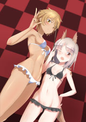 Rule 34 | 2girls, animal ears, bikini, bikini skirt, black bikini, blonde hair, blush, brave witches, breasts, brown eyes, checkered background, collarbone, dog ears, dog tail, edytha rossmann, groin, hand on another&#039;s shoulder, hand on own hip, highres, looking at viewer, multiple girls, navel, one eye closed, open mouth, short hair, simple background, small breasts, smile, standing, swimsuit, tail, w, waltrud krupinski, white bikini, white hair, world witches series