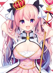 Rule 34 | 1girl, arms up, black ribbon, breasts, cleavage, crown, hair ribbon, highres, large breasts, long hair, looking at viewer, mini crown, museca, pink eyes, pink hair, pink skirt, plaid, plaid skirt, ribbon, shiika yuno, simple background, skirt, skirt set, smile, solo, sparkle, staff, star (symbol), symbol-shaped pupils, upper body, white background