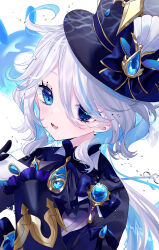 Rule 34 | 1girl, ascot, asymmetrical gloves, blue ascot, blue brooch, blue eyes, blue gemstone, blue hair, blue hat, blue jacket, colored inner hair, drop-shaped pupils, from side, furina (genshin impact), gem, genshin impact, gloves, hair between eyes, hands up, hat, heterochromia, highres, jacket, kodona, lolita fashion, long hair, long sleeves, mismatched gloves, mismatched pupils, multicolored hair, open mouth, sakurato remi, solo, symbol-shaped pupils, top hat, upper body, water, wavy hair, white background, white hair