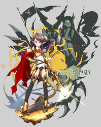 Rule 34 | 1girl, armor, black hair, boots, breastplate, cape, character profile, full body, gold, hand on own hip, highres, long hair, original, pixiv fantasia, pixiv fantasia t, pointy ears, purple hair, realmbw, solo, standing, sword, thighhighs, waechter, weapon, yellow eyes