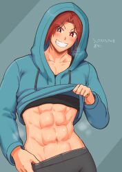 Rule 34 | 1girl, abs, absurdres, blush, clothes lift, collarbone, harurukan, highres, hood, hood up, hoodie, muscular, muscular female, navel, nose blush, original, red eyes, red hair, short hair, simple background, smile, solo, sweat, teeth, translation request
