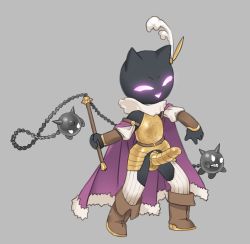 Rule 34 | 1boy, animal ears, armor, belt, belt buckle, black skin, boots, breastplate, buckle, cape, cat ears, chaps, codpiece, colored skin, faulds, feather hair ornament, flail, full body, fur-trimmed cape, fur trim, glowing, glowing eyes, grey background, hair ornament, holding, holding weapon, medieval, neck ruff, open mouth, original, purple cape, purple eyes, simple background, solo, spikes, standing, tosx, vambraces, weapon
