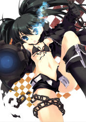 Rule 34 | 10s, 1girl, absurdres, aoi sora-maru, arm cannon, bikini, black hair, black rock shooter, black rock shooter (character), blue eyes, boots, chain, coat, female focus, glowing, glowing eyes, highres, long hair, navel, shorts, solo, swimsuit, twintails, unzipped, wardrobe malfunction, weapon, white background