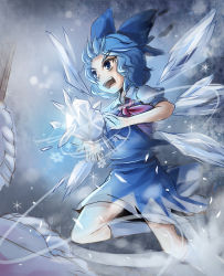 Rule 34 | &gt;:d, 1girl, :d, aerokinesis, ascot, blue eyes, blue hair, cirno, collared shirt, cryokinesis, dress, fuente, highres, ice, ice wings, matching hair/eyes, open mouth, puffy short sleeves, puffy sleeves, shirt, short sleeves, skirt, skirt set, smile, snowflakes, socks, solo, touhou, v-shaped eyebrows, vest, wavy hair, white socks, wind, wings