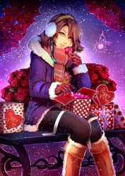 Rule 34 | 1girl, artist name, black pants, blue eyes, brown coat, brown footwear, brown gloves, brown hair, cherry in the sun, coat, final fantasy, final fantasy x, fur trim, gloves, green eyes, head tilt, heterochromia, holding, looking at viewer, open clothes, open coat, pants, parted lips, red scarf, scarf, short hair, sitting, snowing, solo, yuna
