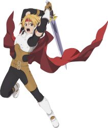 Rule 34 | 1boy, armor, belt buckle, blonde hair, blue eyes, boots, buckle, cape, commentary, cress albane, english commentary, full body, headband, highres, holding, holding sword, holding weapon, male focus, official art, open mouth, red cape, red headband, solo, sword, tales of (series), tales of asteria, tales of phantasia, teeth, transparent background, weapon