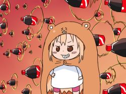 Rule 34 | 1girl, cola, doma umaru, fate/stay night, fate (series), gate of babylon (fate), gradient background, grin, himouto! umaru-chan, lowres, parody, smile, solo