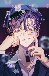 Rule 34 | 1boy, black nails, bubble, glasses, haitani ran, hand up, hat, highres, idol, looking at viewer, male focus, multicolored hair, name tag, neck tattoo, pago0024, police, police hat, police uniform, purple eyes, purple hair, shirt, smirk, sticker on face, tattoo, tokyo revengers, two-tone hair, uniform, white shirt
