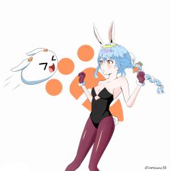 Rule 34 | 1girl, 1other, absurdres, animal ear fluff, animal ears, apron, bad id, bad pixiv id, bare arms, bare shoulders, black gloves, black leotard, black pantyhose, blue hair, braid, breasts, carrot hair ornament, creature, cutout above navel, feet out of frame, food-themed hair ornament, fur-trimmed gloves, fur trim, gloves, hair between eyes, hair ornament, highres, hikimayu, hololive, leotard, long hair, looking at another, multicolored hair, orange eyes, pantyhose, pekomon (usada pekora), playboy bunny, rabbit, rabbit-shaped pupils, rabbit ears, rabbit girl, rabbit tail, short eyebrows, sidelocks, small breasts, strapless, strapless leotard, sumosumo, symbol-shaped pupils, tail, thick eyebrows, twin braids, twintails, twitter username, two-tone hair, usada pekora, usada pekora (1st costume), virtual youtuber, waist apron, white hair