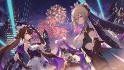 Rule 34 | 3girls, absurdres, aponia (honkai impact), armpits, bare shoulders, black gloves, black pantyhose, breasts, brown eyes, brown hair, closed mouth, double bun, dress, fingerless gloves, fireworks, gloves, grey eyes, hair between eyes, hair bun, hand on own hip, hat, highres, honkai (series), honkai impact 3rd, large breasts, li sushang, light brown hair, looking at viewer, medium breasts, mole, mole under eye, multiple girls, necomi, night, night sky, open mouth, outdoors, pantyhose, purple hair, purple hat, short sleeves, sidelocks, sirin, sky, sleeveless, small breasts, smile, thighband pantyhose, twintails, white dress