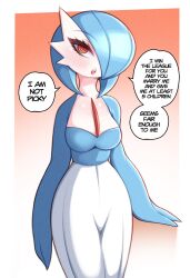 Rule 34 | 1girl, alternate color, blue hair, blue skin, blush, breasts, colored skin, creatures (company), english text, game freak, gardevoir, gen 3 pokemon, hair over one eye, highres, large breasts, looking at viewer, multicolored skin, nintendo, open mouth, orange eyes, pokemon, pokemon (creature), ringed eyes, saltyxodium, shiny pokemon, solo, speech bubble, standing, white skin