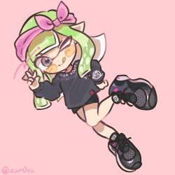 Rule 34 | 1girl, :p, absurdres, bike shorts, black footwear, black shirt, bow, commentary, full body, green hair, grey eyes, hairband, highres, inkling, inkling girl, inkling player character, long hair, nintendo, one eye closed, payayo884, pink background, pink bow, pink hairband, pointy ears, shirt, shoes, simple background, solo, splatoon (series), symbol-only commentary, tongue, tongue out, v