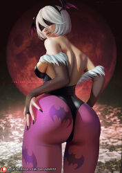 Rule 34 | 1girl, 2b (nier:automata), animal print, ass, ass grab, bat print, bat wings, black blindfold, black leotard, black nails, blindfold, breasts, bridal gauntlets, cosplay, covered eyes, elbow gloves, from behind, full moon, fur-trimmed leotard, fur trim, gloves, grabbing own ass, head wings, highleg, highleg leotard, huge ass, large breasts, leotard, lips, low wings, mole, mole under mouth, moon, morrigan aensland, morrigan aensland (cosplay), nier:automata, nier (series), olesyaspitz, pantyhose, parted lips, print pantyhose, purple pantyhose, red moon, short hair, solo, vampire (game), watermark, web address, white hair, wings