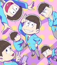 Rule 34 | 10s, 6+boys, arms up, bowl cut, brothers, brown hair, cellphone, dutch angle, formal, hand on own hip, heart, heart in mouth, hugging own legs, looking at viewer, male focus, matsuno choromatsu, matsuno ichimatsu, matsuno jyushimatsu, matsuno karamatsu, matsuno osomatsu, matsuno todomatsu, messy hair, multiple boys, osomatsu-kun, osomatsu-san, osomatsu (series), phone, pink background, polka dot, polka dot background, salute, sextuplets, shibakou, siblings, simple background, sitting, smartphone, smile, suit, v