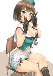 Rule 34 | 1girl, absurdres, aqua eyes, bad id, bad pixiv id, beret, black gloves, black panties, breasts, brown hair, cleavage, collarbone, double v, gloves, hair ornament, hat, highres, kantai collection, large breasts, maya (kancolle), maya kai ni (kancolle), miniskirt, osananajimi neko, panties, pantyshot, pleated skirt, revision, short hair, simple background, sitting, skirt, sleeveless, solo, underwear, v, white background, white skirt, x hair ornament
