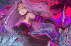 Rule 34 | 1girl, black dress, black gloves, breasts, chain, clenched teeth, dagger, detached sleeves, dress, facial mark, fate/stay night, fate (series), fingerless gloves, forehead mark, gloves, highres, holding, holding weapon, knife, long hair, medusa (fate), medusa (rider) (fate), moor, purple hair, short dress, solo, strapless, strapless dress, teeth, weapon, yellow eyes