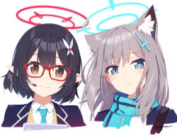 Rule 34 | 2girls, animal ear fluff, animal ears, ayane (blue archive), azumi akitake, black hair, blue archive, blue eyes, blue necktie, blue scarf, blush, bright pupils, brown eyes, cross hair ornament, glasses, grey hair, hair ornament, halo, headset, looking at viewer, multiple girls, necktie, pointy ears, red-framed eyewear, scarf, shiroko (blue archive), short hair, upper body, white pupils