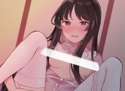 Rule 34 | 1girl, bad id, bad twitter id, bar censor, blush, bow, brown eyes, brown hair, buttons, censored, commentary request, embarrassed, eyelashes, feet out of frame, frilled shirt collar, frills, garter straps, hime cut, houraisan kaguya, long hair, looking at viewer, mozukuzu (manukedori), open clothes, open mouth, pink shirt, shirt, sidelocks, sitting, solo, spread legs, sweatdrop, thighhighs, touhou, white bow, white thighhighs