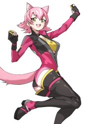 Rule 34 | 1girl, absurdres, black gloves, black thighhighs, blush, commentary, extra ears, gloves, high heels, highres, kemono friends, kemono friends 3, leotard, long sleeves, looking at viewer, multicolored leotard, official alternate costume, panther ears, panther girl, panther tail, peach panther (kemono friends), pink hair, pink leotard, shirt, short hair, simple background, solo, tanabe (fueisei), tank top, thighhighs, white background, yellow eyes, yellow shirt