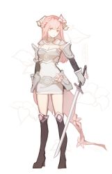Rule 34 | 1girl, aire (yueko), armor, black footwear, blush, braid, breastplate, breasts, cleavage, closed mouth, floral background, flower, gloves, grey gloves, hair flower, hair ornament, high heels, holding, holding sword, holding weapon, horns, knight, long hair, original, pauldrons, pink flower, pink hair, red eyes, scabbard, sheath, shoulder armor, solo, standing, sword, very long hair, weapon, yueko (jiayue wu)