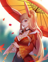 Rule 34 | 1girl, animal ears, arena of valor, artist name, blonde hair, breasts, cleavage, highres, holding, holding umbrella, kezi, large breasts, long hair, makeup, nail polish, navel, orange eyes, parted lips, rabbit ears, solo, stomach, umbrella, wangzhe rongyao