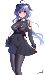 Rule 34 | 1girl, ahoge, bag, bare shoulders, bell, black dress, black pantyhose, blue hair, bow, breasts, closed mouth, clothing cutout, contemporary, covered navel, curled horns, detached sleeves, dress, ganyu (genshin impact), genshin impact, goat horns, handbag, highres, horns, long hair, medium breasts, neck bell, pantyhose, purple eyes, signature, simple background, skirt hold, smile, solo, underboob, very long hair, waist bow, white background, wsman