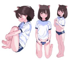Rule 34 | 1girl, animal ear fluff, animal ears, barefoot, blush stickers, bra, brown eyes, brown hair, buruma, closed mouth, commentary, full body, gym uniform, highres, kneeling, lifting own clothes, looking at viewer, looking down, medium hair, multiple views, navel, original, parted lips, shiren (ourboy83), shirt, short sleeves, simple background, standing, underwear, white background, white bra, white shirt