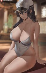 Rule 34 | 1girl, arm support, bambietta basterbine, black eyes, black hair, bleach, bleach: sennen kessen-hen, blurry, blurry background, breasts, cleavage, closed mouth, collarbone, commentary, covered navel, hair between eyes, hat, highleg, highleg swimsuit, highres, large breasts, light frown, long hair, looking at viewer, military hat, one-piece swimsuit, patreon username, quincy (bleach), shexyo, sitting, solo, swimsuit, thighs, white hat, white one-piece swimsuit