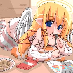 Rule 34 | 1girl, angel, blonde hair, food, food in mouth, halo, kanidiru, kanijiru, lowres, oekaki, pocky, pocky in mouth, solo, striped clothes, striped thighhighs, thighhighs, wings