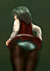 Rule 34 | &gt;:(, 1girl, amibazh, ass, clothes lift, crotch seam, d:, d:&lt;, female focus, from behind, frown, green background, green hair, green panties, highres, hip focus, kazami yuuka, looking at viewer, looking back, open mouth, panties, panties under pantyhose, pantyhose, plaid, plaid skirt, plaid vest, red eyes, skirt, skirt lift, skirt set, solo, thigh gap, thighband pantyhose, thighs, touhou, underwear, upskirt, v-shaped eyebrows, vest