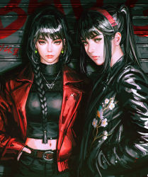 Rule 34 | 2girls, belt, belt buckle, black hair, black jacket, black pants, black shirt, braid, brown belt, brown eyes, buckle, butterfly necklace, closed mouth, commentary, crop top, earrings, english commentary, guweiz, hair over shoulder, hand in pocket, highres, jacket, jewelry, long hair, long sleeves, midriff, multiple girls, navel, open clothes, open jacket, original, pants, ponytail, red jacket, red lips, shirt, single braid, very long hair