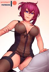 Rule 34 | 1girl, ahoge, artist name, bare arms, bare shoulders, blue eyes, breasts, clothing request, collarbone, commentary, covered erect nipples, fishnet thighhighs, fishnets, gluteal fold, hair between eyes, large breasts, long hair, looking at viewer, mystra77, original, red hair, shirt, smile, solo focus, thighhighs, underwear, white shirt