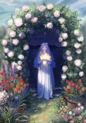 Rule 34 | 1girl, absurdres, aki a0623, artist name, blue eyes, blue hair, blue sky, blurry, cloud, commentary request, crescent moon, crossed arms, day, day and night, depth of field, dress, flower, flower pot, gown, grass, highres, holding, leaf, long hair, long sleeves, looking at viewer, moon, mountainous horizon, night, night sky, nightgown, orange flower, original, outdoors, parted lips, petals, pink flower, plant, portal (object), potted plant, purple flower, red flower, rose, scenery, shore, sky, solo, standing, star (sky), star (symbol), starry sky, straight-on, water, white dress, white flower, white rose, wide shot, yellow flower