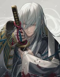 Rule 34 | 1boy, armor, bad link, beads, blood, chorefuji, closed eyes, closed mouth, commentary request, grey background, grey hair, hair between eyes, holding, holding sword, holding weapon, japanese armor, japanese clothes, kousetsu samonji, long hair, male focus, shoulder armor, solo, sword, touken ranbu, weapon
